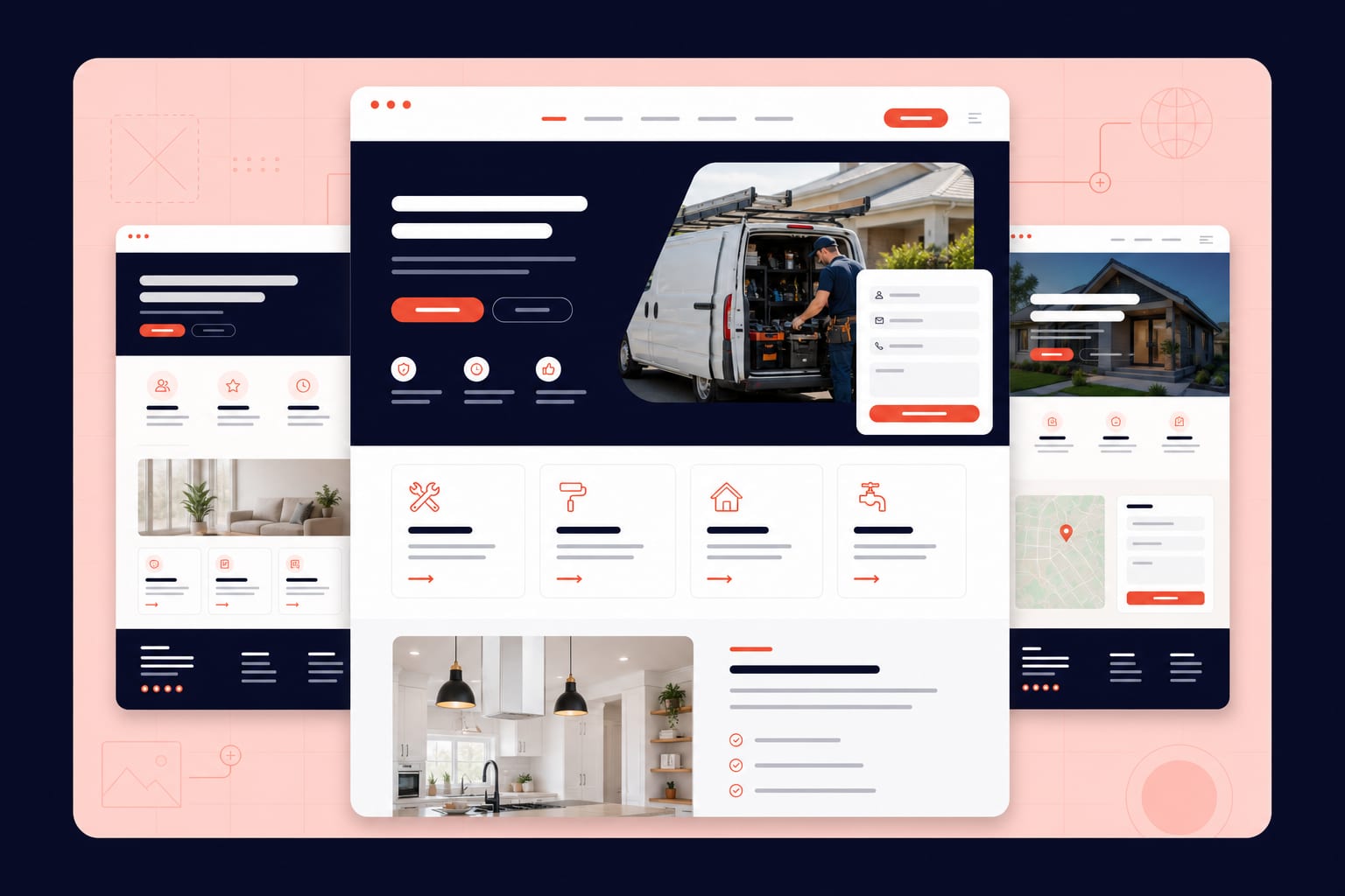 Layered small business website mockups showing service pages and contact forms