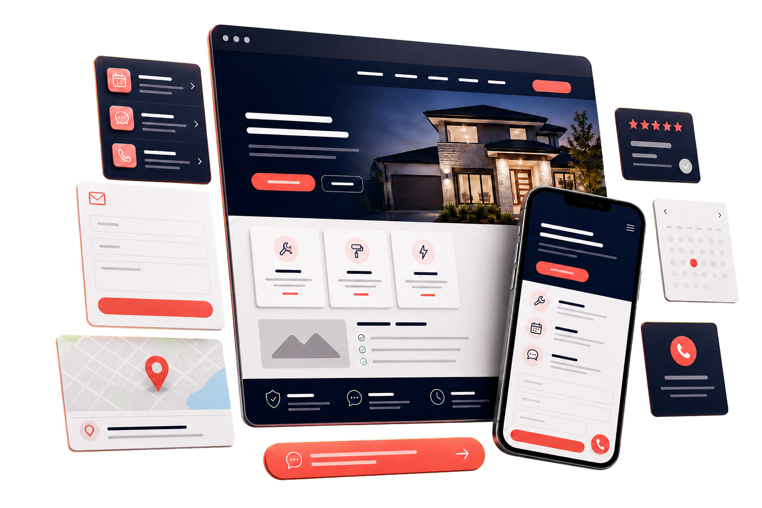 Responsive lead-generation website shown with enquiry, booking, service, map, and contact interfaces
